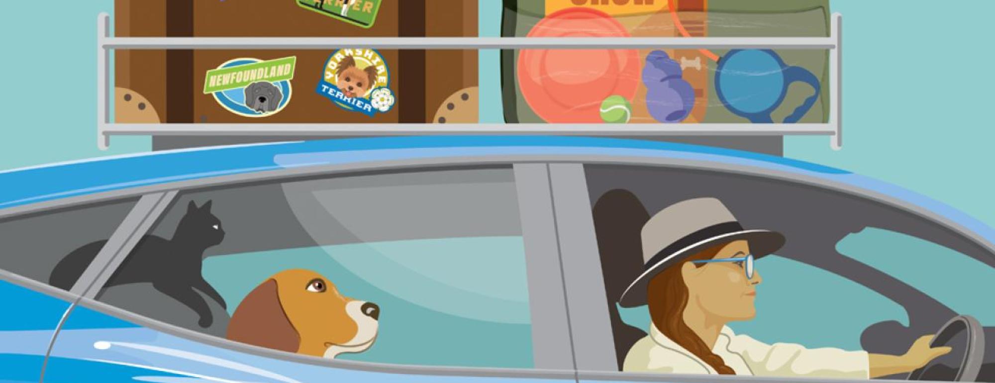 An illustration of people riding in a car with their pets.